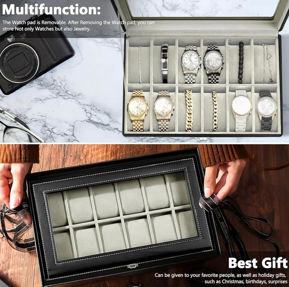 Boîte à montre 12 emplacements noir /beige