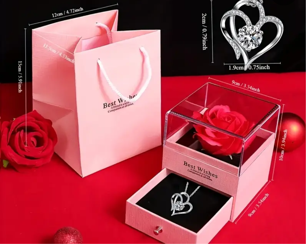 Boîte rose éternel avec collier cœur en argent