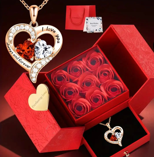 Boîte rose éternel rose avec collier or rose