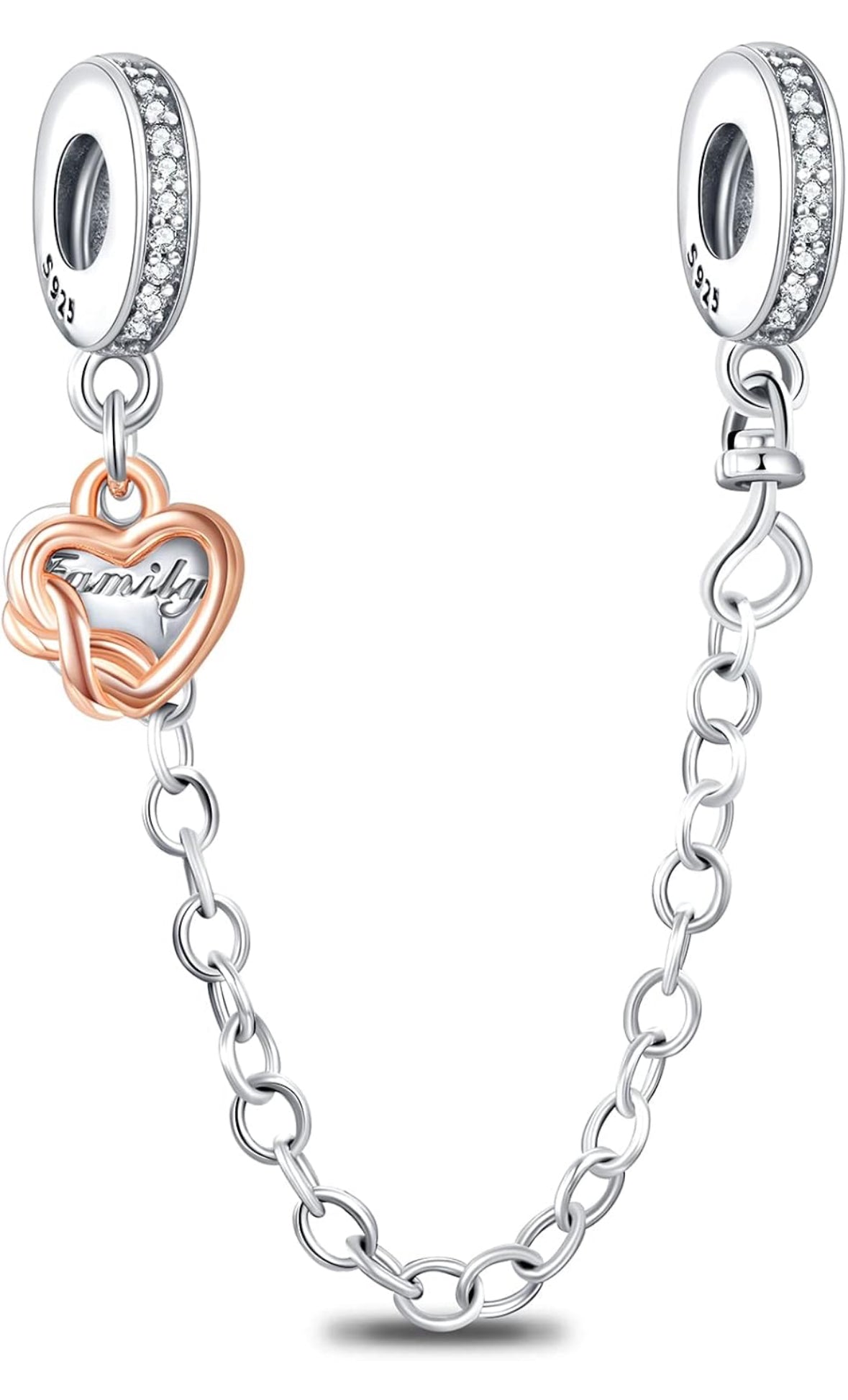 Chaîne de sécurité cœur or rose gravé family