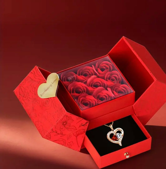 Boîte rose éternel rose avec collier or rose