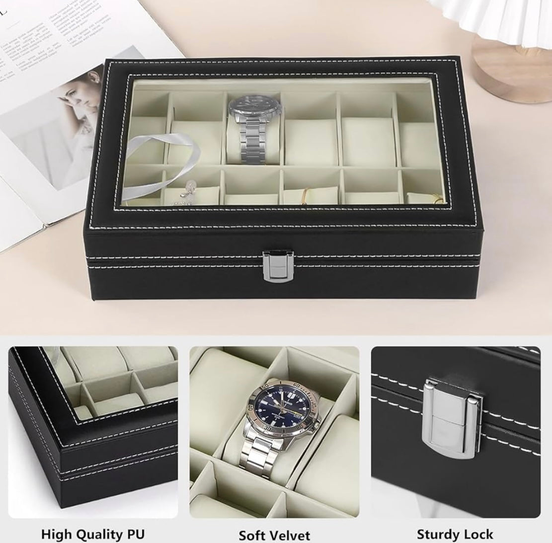 Boîte à montre 12 emplacements noir /beige