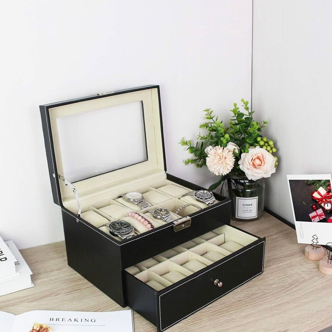 Boîte à montre 20 rangement noir / beige